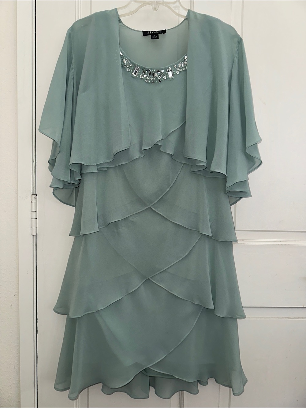 SL Fashions Sage Green Jewel Embellished Crewneck Jacket Dress 2-piece Set Sz 8